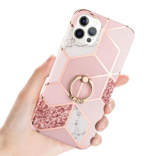 Manleno Compatible with iPhone 12 Pro Case iPhone 12 Case Marble with Ring Holder Stand Kickstand Glitter Sparkle Design Women Girls Slim Protective Phone Case Soft Bumper Cover for iPhone 12/Pro 6.1