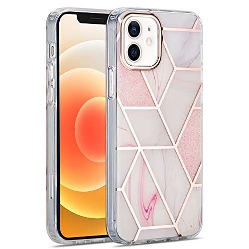 Manleno Compatible with iPhone 12 Pro Case and iPhone 12 Case 6.1 inch Marble Design Phone Case Women Girls Glitter Sparkle Geometric Slim Fit Hard Protective Case Drop Protection Cover (Pink)
