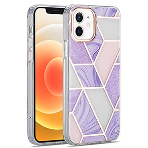 Manleno Compatible with iPhone 12 Pro Case and iPhone 12 Case 6.1 inch Marble Design Glitter Sparkle Geometric Slim Fit Hard Protective Case Women Girls Shockproof Drop Protection Cover (Lavender)