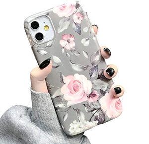 iPhone 11 Case for Girls Women Floral Design Slim Fit Matte Soft Cover Flexible Phone Case with Pink Flower Grey Leaves (Pink Gray)