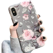 Load image into Gallery viewer, iPhone X Xs Case for Girls Women Floral Design Slim Fit Matte Soft Cover Flexible Phone Case with Pink Flower Grey Leaves (Pink Gray)