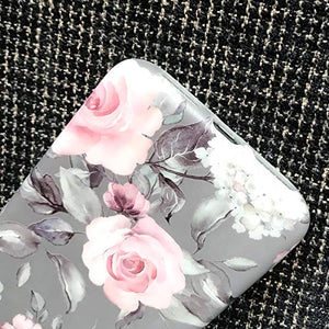 iPhone X Xs Case for Girls Women Floral Design Slim Fit Matte Soft Cover Flexible Phone Case with Pink Flower Grey Leaves (Pink Gray)