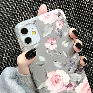 iPhone 11 Case for Girls Women Floral Design Slim Fit Matte Soft Cover Flexible Phone Case with Pink Flower Grey Leaves (Pink Gray)