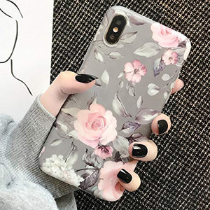 iPhone X Xs Case for Girls Women Floral Design Slim Fit Matte Soft Cover Flexible Phone Case with Pink Flower Grey Leaves (Pink Gray)